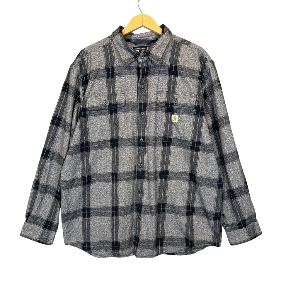 Carhartt Flannel Shirt Mens XL Loose Fit Grey Black Plaid Cotton Workwear Rugged